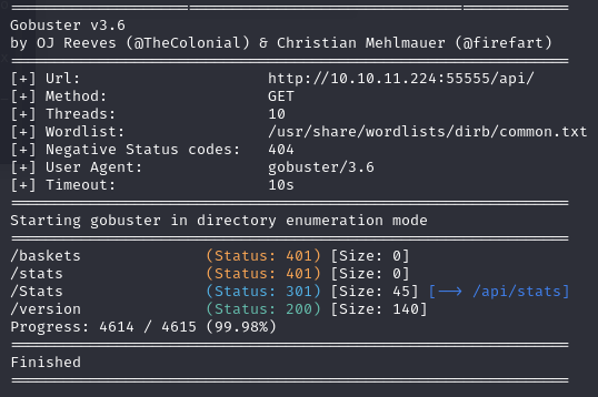 Gobuster scan on the API